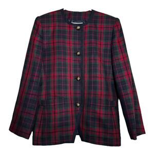 Le Suit Blazer Jacket Plaid Button Front Single Breasted Pockets Red Green 8